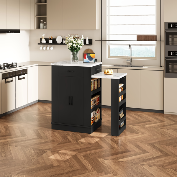 可伸缩式岛台控制台，配有抽屉、双门橱柜和开放式置物架。可用作餐桌、临时早餐吧和下午茶休闲区。黑色。-3