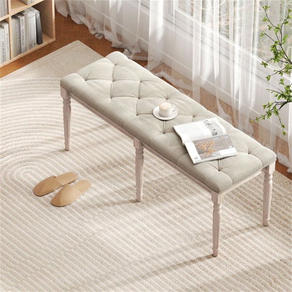 米色47.5英寸橡胶木软垫长椅，带按钮簇式座椅，可容纳440磅的复古入口卧室长椅-8