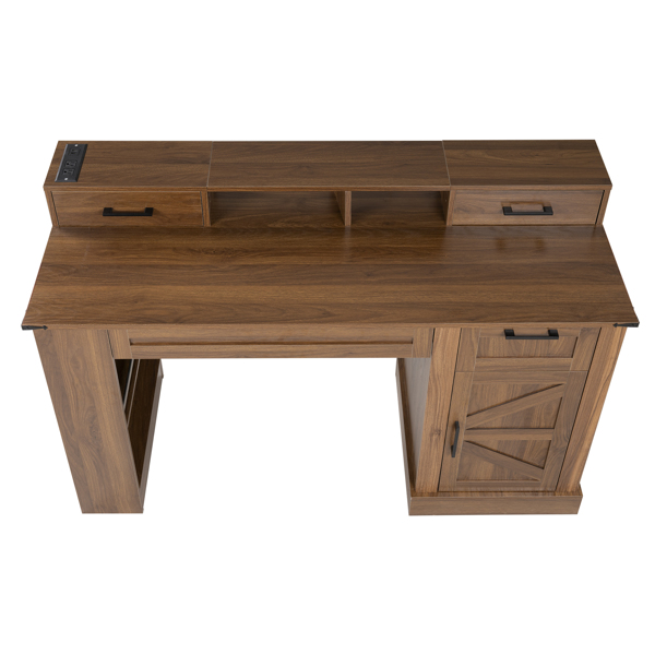 55英寸农舍风格办公桌，带储物柜和充电站，谷仓门设计电脑书桌，配备键盘托盘、显示器支架和洞洞板，适用于书房、客厅、家庭办公室，深胡桃木色。-22