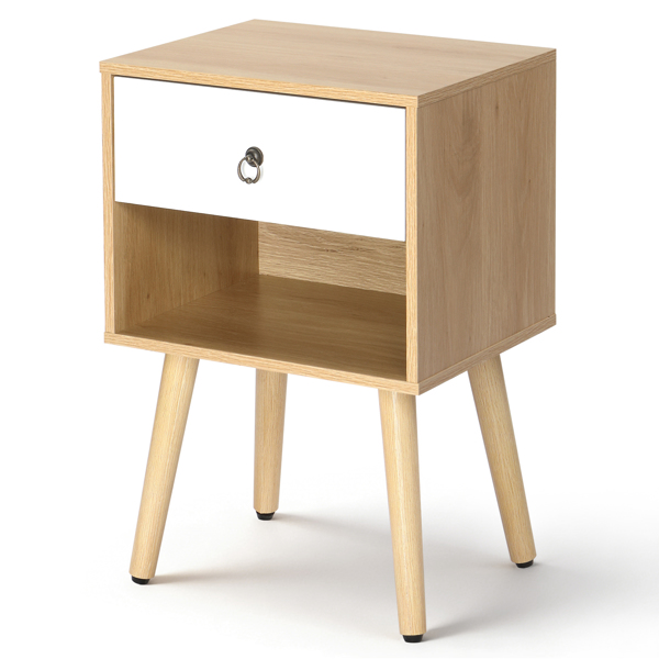 白色+橡木色 P2刨花板+实木腿 贴麻面三胺 拉环拉手 38*30*55cm 一抽带下隔层 床头柜 1PC-15