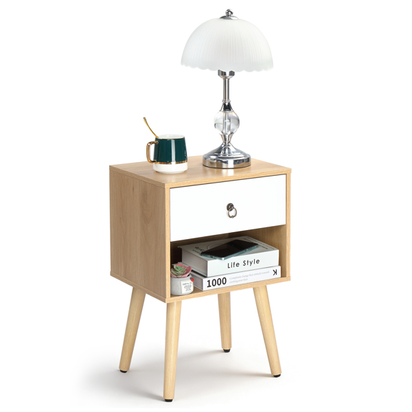 白色+橡木色 P2刨花板+实木腿 贴麻面三胺 拉环拉手 38*30*55cm 一抽带下隔层 床头柜 1PC-12