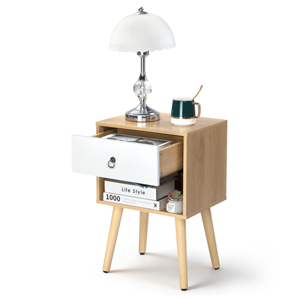 白色+橡木色 P2刨花板+实木腿 贴麻面三胺 拉环拉手 38*30*55cm 一抽带下隔层 床头柜 1PC-17