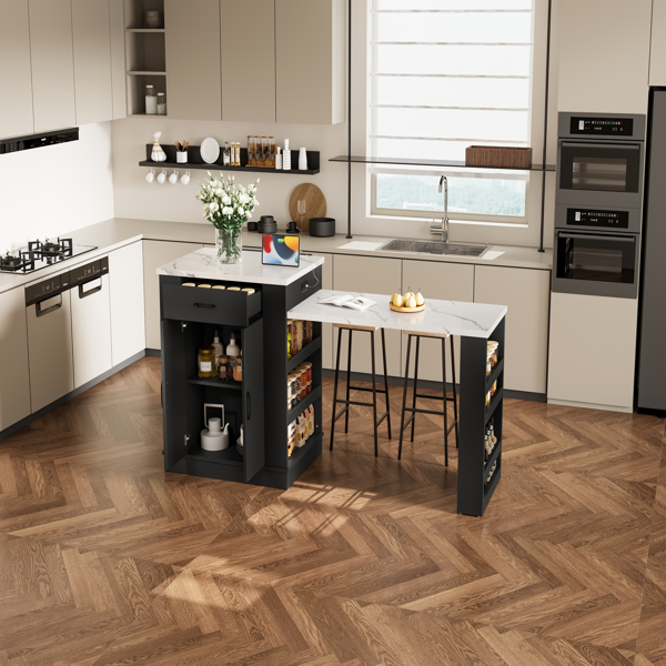 可伸缩式岛台控制台，配有抽屉、双门橱柜和开放式置物架。可用作餐桌、临时早餐吧和下午茶休闲区。黑色。-2