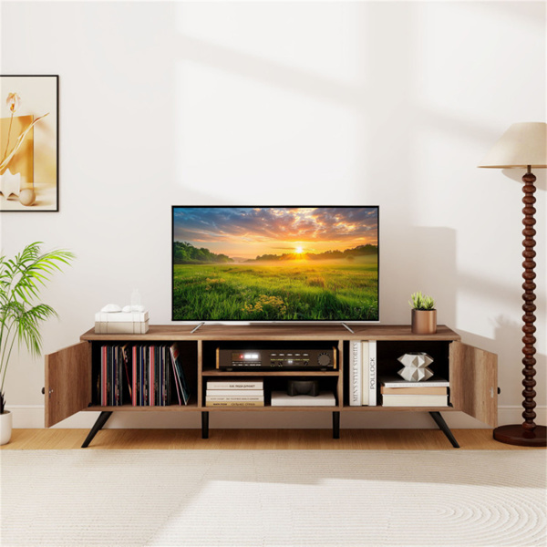 橡木中世纪现代电视支架，适用于65英寸电视，210磅容量的媒体控制台，带存储柜和电缆管理-6