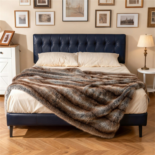 棕色灰褐色780GSM假狐皮毯60“x80”双面PV羊毛衬里毯-6