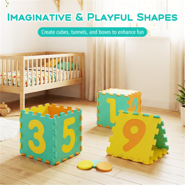 黄色儿童婴儿床泡沫垫，带9块联锁瓷砖和3个标记盘，适合10个月大的幼儿防滑游戏垫+-4