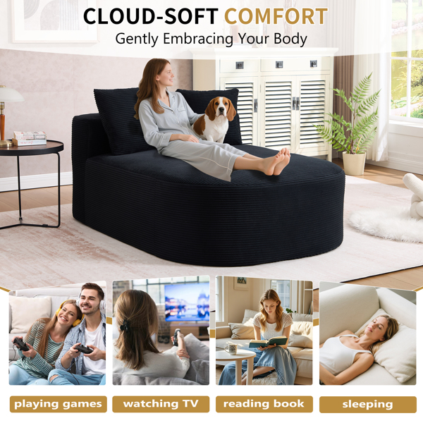 67.5英寸贵妃椅，46英寸宽座椅，室内灯芯绒超大号沙发床，适合客厅，深座设计，配有两个柔软靠枕，可转换无骨架沙发床，黑色，无需组装。-11