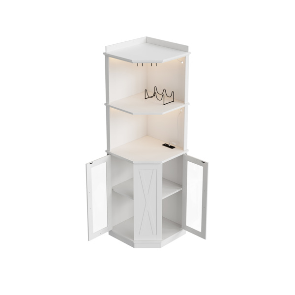 67.3英寸转角吧台柜，带电源插座，乡村风格酒柜，带可调节搁板，适用于家庭、餐厅、客厅、厨房，配备照明灯和酒杯架。-9