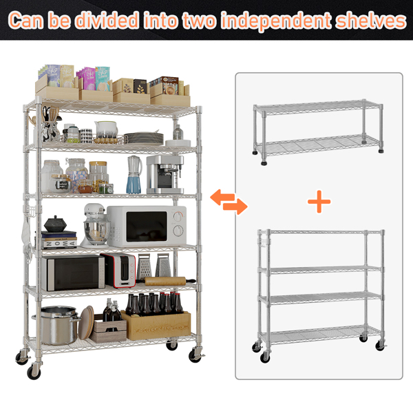  六层自由组合拆装带1排侧边挂钩  带调节脚与轮   铁 可自由调节层间距 家用层架 117*45*208cm 烤漆银 N001-26