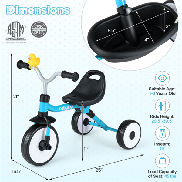 彩虹LED车轮幼儿三轮车、碳钢框架可折叠三合一平衡自行车、可拆卸踏板和后储物篮-蓝色-4