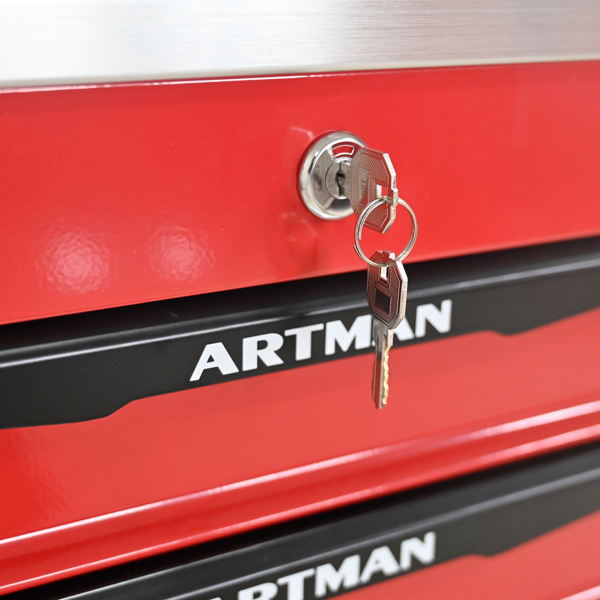 四抽屉多功能工具车，带轮金属滚动工具车，适用于车库、工作室、仓库、维修店——带不锈钢顶棚——红黑配色-13