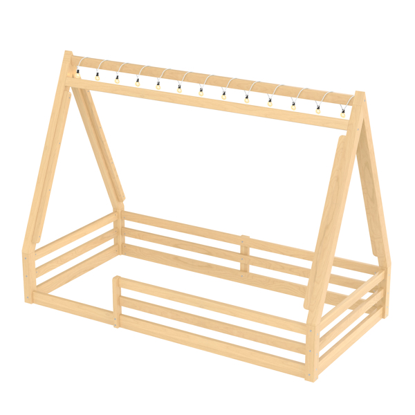 双人床尺寸儿童落地床，带帐篷和灯，实木圆锥形落地床，配有全长护栏，蒙特梭利式设计，充满童趣，天然原木色+绿色-7