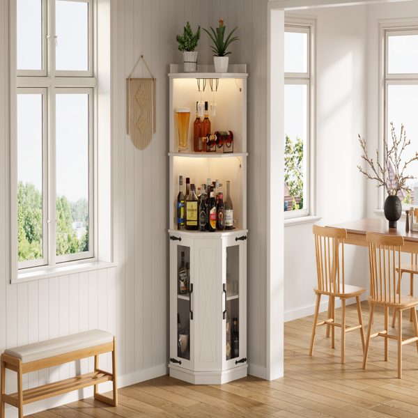 67.3英寸转角吧台柜，带电源插座，乡村风格酒柜，带可调节搁板，适用于家庭、餐厅、客厅、厨房，配备照明灯和酒杯架。-24