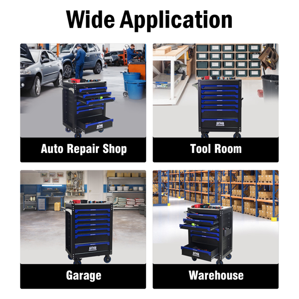 30英寸7抽屉铁质台面实用滚动钢制工具车，带把手和轮子，适用于车库、仓库、修理店等场所的储物柜，工具车需自行组装 - 黑蓝色-8