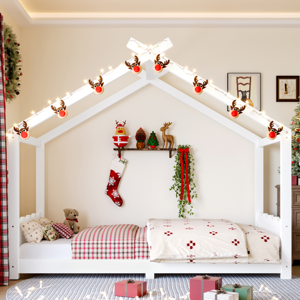 双人房型落地床，带支撑板条，实木儿童房床架，无需弹簧床垫，开放式结构，白色-3