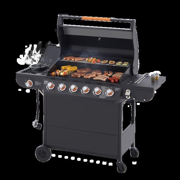 六燃烧器丙烷燃气烧烤炉，带侧炉，72000 BTU功率输出，不锈钢材质，配备铸铁烤架和侧边置物台，适用于户外烹饪、厨房和庭院后院。-13