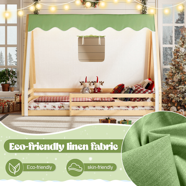 双人床尺寸儿童落地床，带帐篷和灯，实木圆锥形落地床，配有全长护栏，蒙特梭利式设计，充满童趣，天然原木色+绿色-8