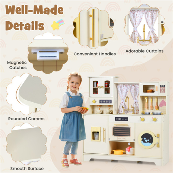 米色木制儿童游戏厨房，带可旋转水龙头和14个配件，幼儿假装烹饪套装3+-3