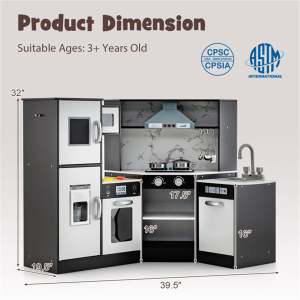 带制冰机和黑板的互动儿童游戏厨房，角落设计，带有逼真音效的假装烹饪套装-咖啡色-4