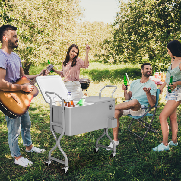 80QT  银灰色  麻花设计腿型 单边上下翻盖  冷冻保温推车  106X39X91.5cm  长方形  铁  不带托盘 带排水管-6