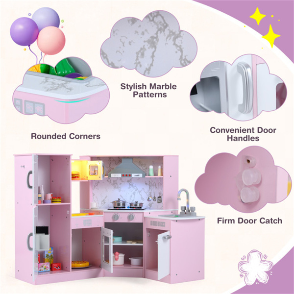 带制冰机和黑板的互动儿童游戏厨房，角落设计，带有逼真音效的假装烹饪套装-粉色-10