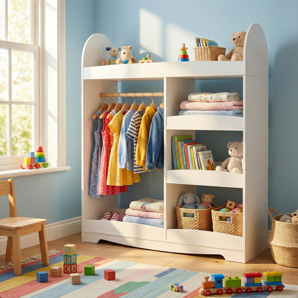白色 密度板+刨花板 喷漆+贴面 3层架1挂衣杆 儿童衣柜 德国-1