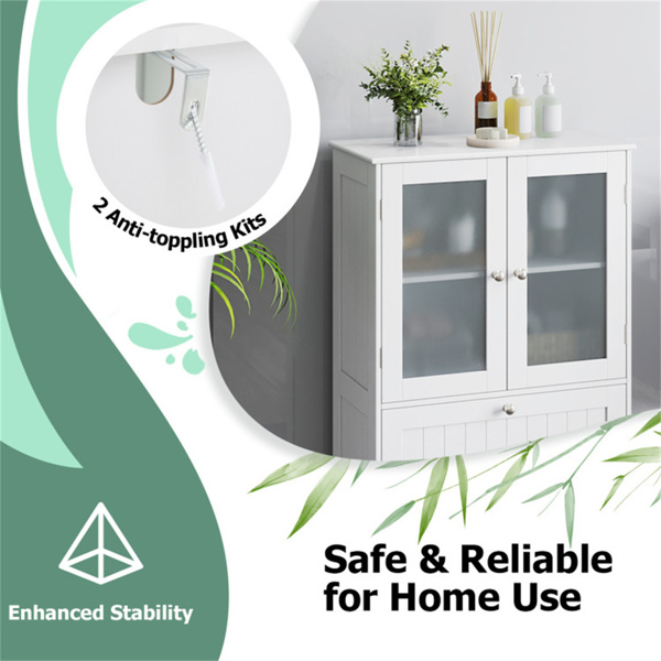 独立式落地储物柜，带可调节架子和2个抽屉，磨砂钢化玻璃门侧板-7