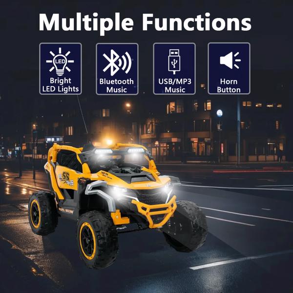 儿童电动玩具车，12V，遥控，前后减震，双座UTV，带手电筒和内置音乐播放器，适合3-6岁儿童（黄色）-4