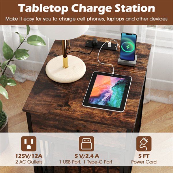 黑色+棕色二合一狗箱端桌，带充电站，耐嚼金属管宠物家具，适用于25磅以下的小狗-10