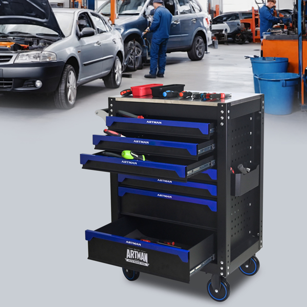 30英寸7抽屉铁质台面实用滚动钢制工具车，带把手和轮子，适用于车库、仓库、修理店等场所的储物柜，工具车需自行组装 - 黑蓝色-6