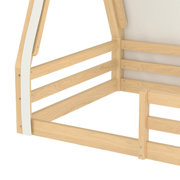 双人床尺寸儿童落地床，带帐篷和灯，实木圆锥形落地床，配有全长护栏，蒙特梭利式设计，充满童趣，天然原木色+绿色-9