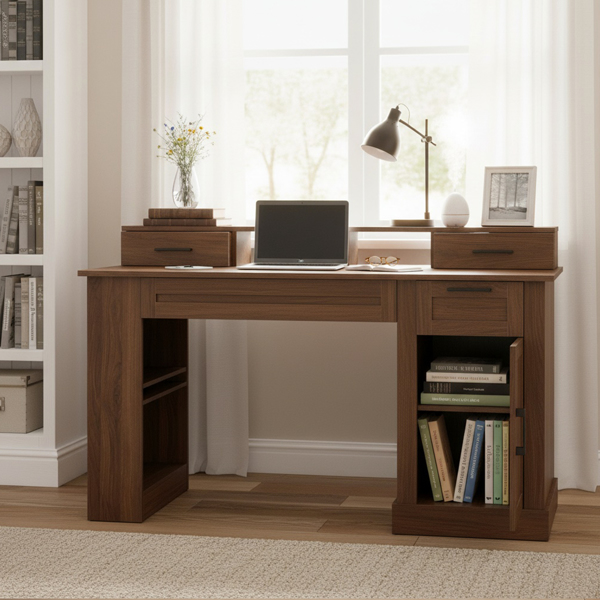 55英寸农舍风格办公桌，带储物柜和充电站，谷仓门设计电脑书桌，配备键盘托盘、显示器支架和洞洞板，适用于书房、客厅、家庭办公室，深胡桃木色。-4