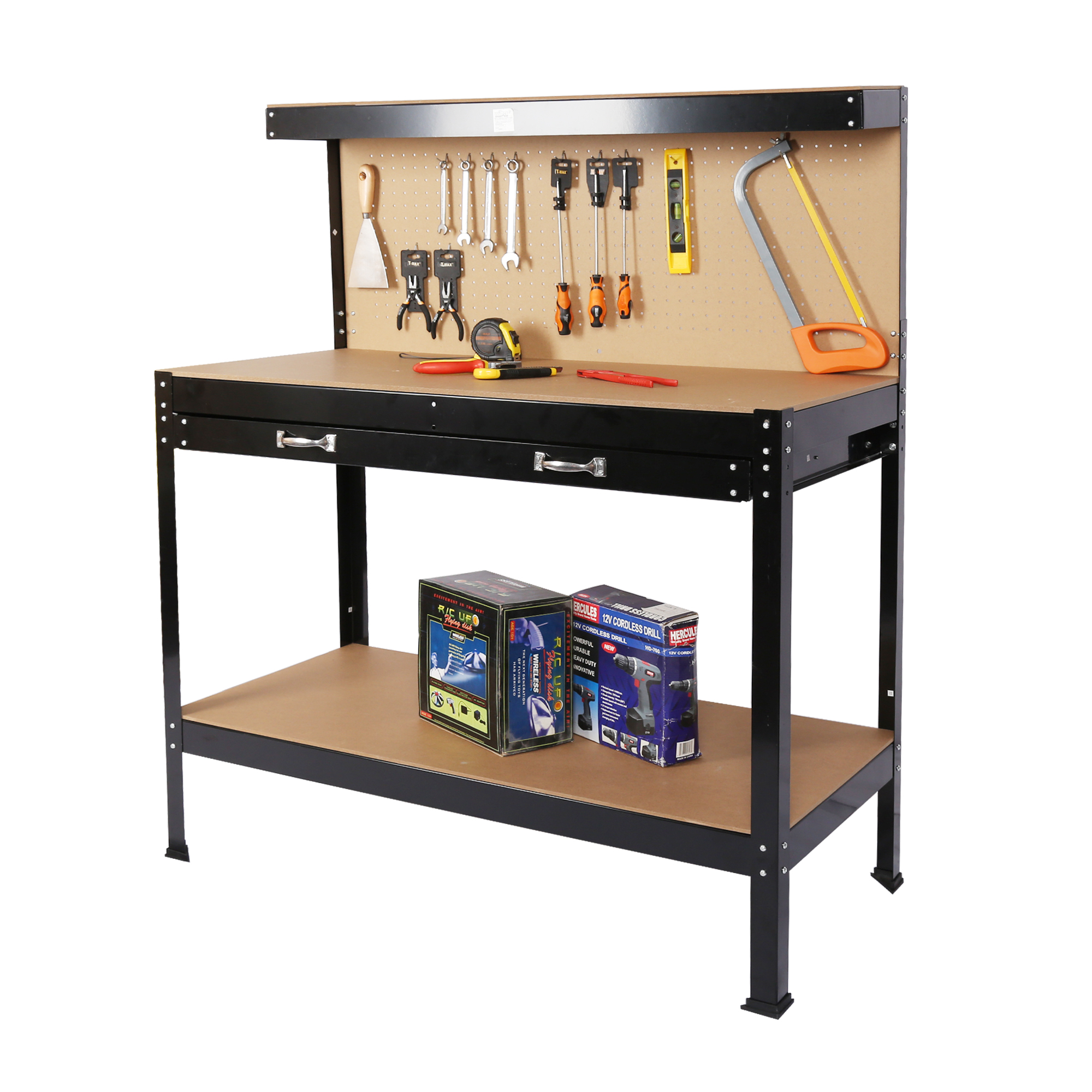 Steel Workbench Tool Storage Work Bench Workshop Tools Table W/Drawer and Peg Board 63″