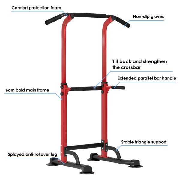 可调节引体向上杆和双杠训练器 - 10 档高度调节，承重 400 磅，男女通用多功能家用健身力量训练器，红+黑-7