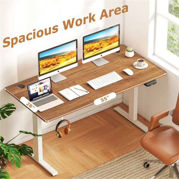 胡桃木桌面白色框架55英寸电动立式办公桌，带双电机，3种记忆设置，适合家庭办公-11