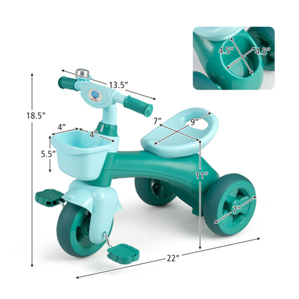 3-5岁幼儿三轮车-稳定的三角形结构，前后储物篮-绿色-3