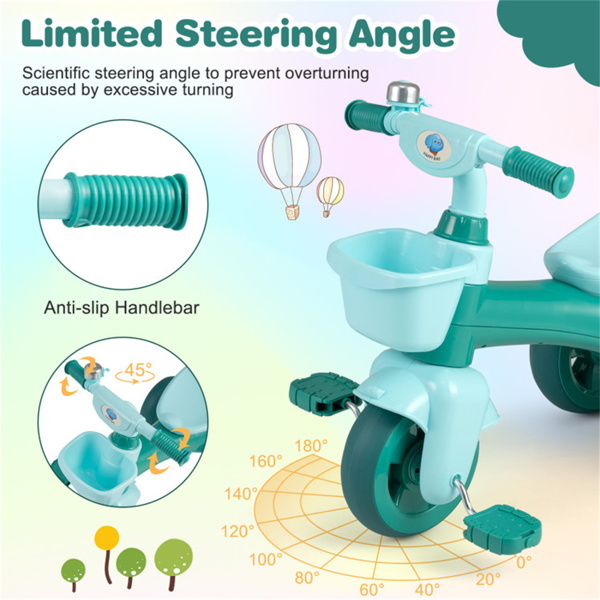 3-5岁幼儿三轮车-稳定的三角形结构，前后储物篮-绿色-5