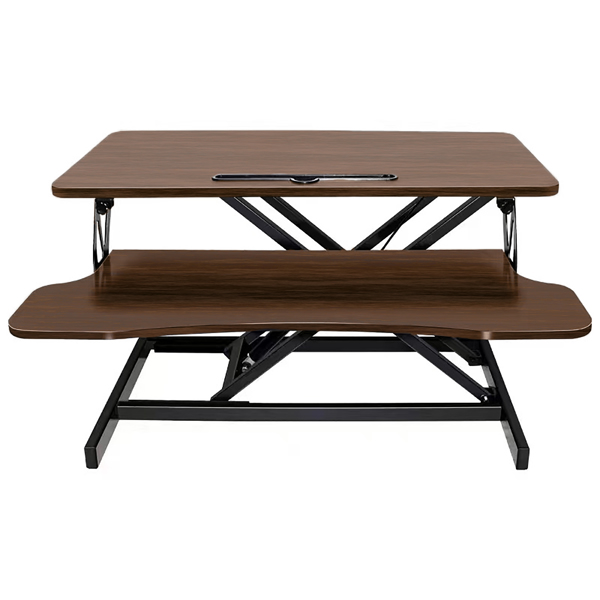 32英寸桌面转换器，高度可调式升降支架，可放置双显示器和笔记本电脑的工作站，配有宽大键盘托盘，胡桃木色。-6