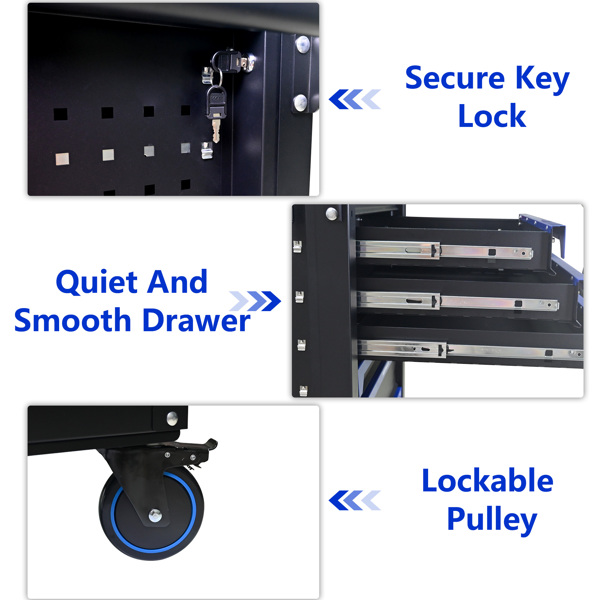 30英寸7抽屉木质台面实用型带轮钢制工具车，配有把手和轮子，适用于车库、仓库、维修店等场所的储物柜，工具车需自行组装 - 黑蓝色-7