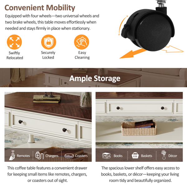 农舍风格咖啡桌，带一个抽屉，易于组装，复古可移动长方形鸡尾酒桌，带锁定轮，乡村风格中心桌，实木桌腿，适用于客厅，胡桃木色+白色--不支持self-pick up-6