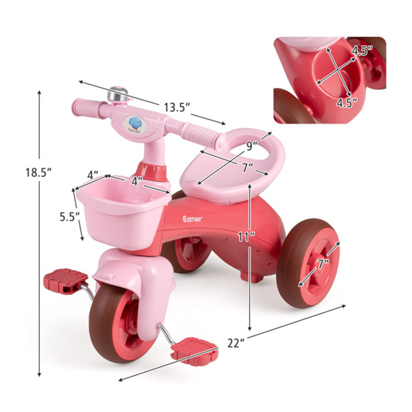 3-5岁幼儿三轮车-稳定的三角形结构，前后储物篮-粉色-3