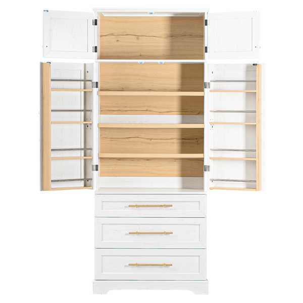 78.2英寸高乡村风格厨房储物柜，配有8个门内置物架、3个可调节搁板和3个大抽屉，多功能储物柜，适用于厨房、餐厅和浴室，复古白色。-11