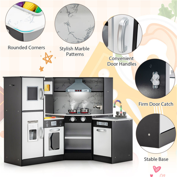 带制冰机和黑板的互动儿童游戏厨房，角落设计，带有逼真音效的假装烹饪套装-咖啡色-5