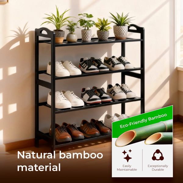 手提4层 12根条 竹制 68*25*73cm 鞋架 黑色-3