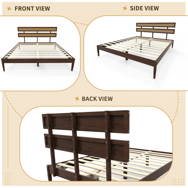 深胡桃木 油漆面+藤编 松木 双床头板 King 木床 波西米亚风 XP000470103-10