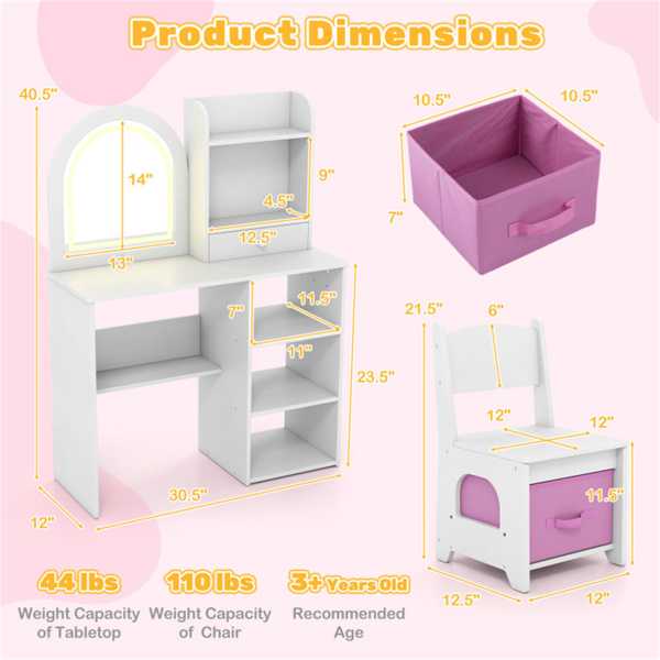 二合一儿童梳妆台和写字台套装-LED照明防碎镜（3种颜色模式），白色-5