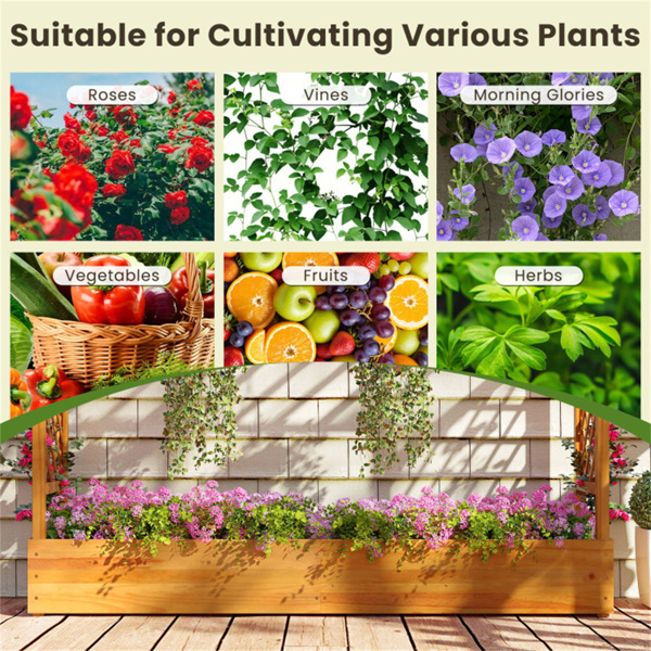 木制高架花园床，带格架和平屋顶，开放式基础种植箱，用于攀爬植物/蔬菜/花卉-10