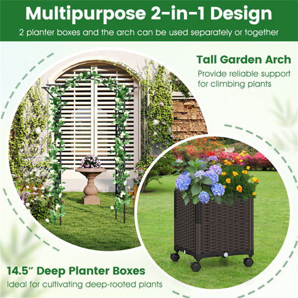 带花盆箱的二合一花园拱门-自动浇水系统，8个可锁定的轮子和PE涂层金属-9