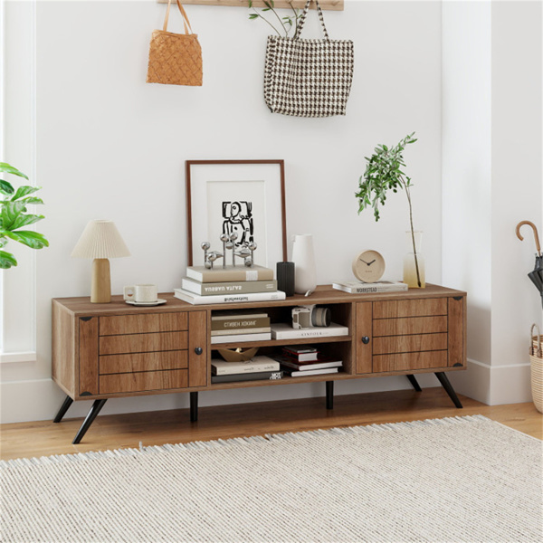 橡木中世纪现代电视支架，适用于65英寸电视，210磅容量的媒体控制台，带存储柜和电缆管理-8