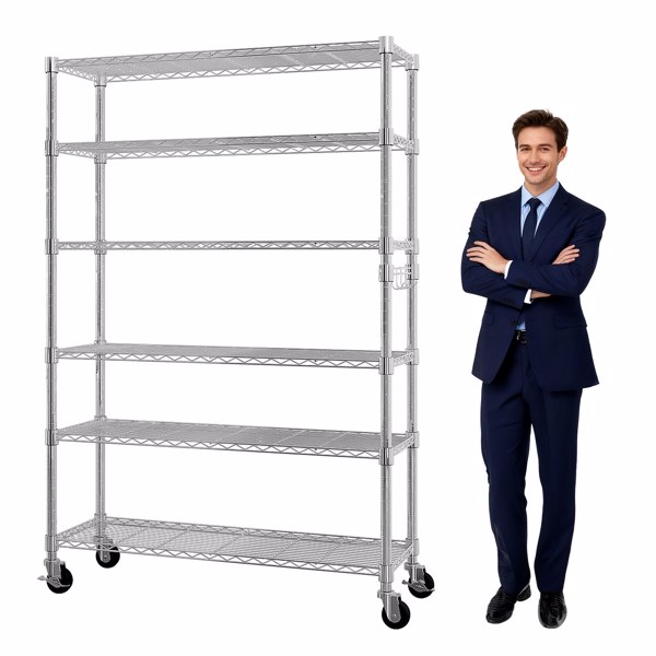  六层自由组合拆装带1排侧边挂钩  带调节脚与轮   铁 可自由调节层间距 家用层架 117*45*208cm 烤漆银 N001-4